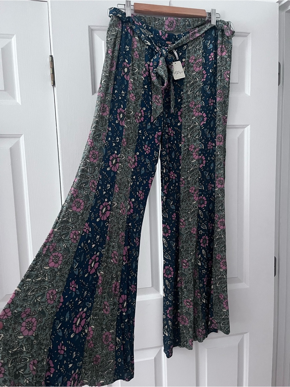 Free People Floral Wide-Leg Pants in Pink and Dark Teal
